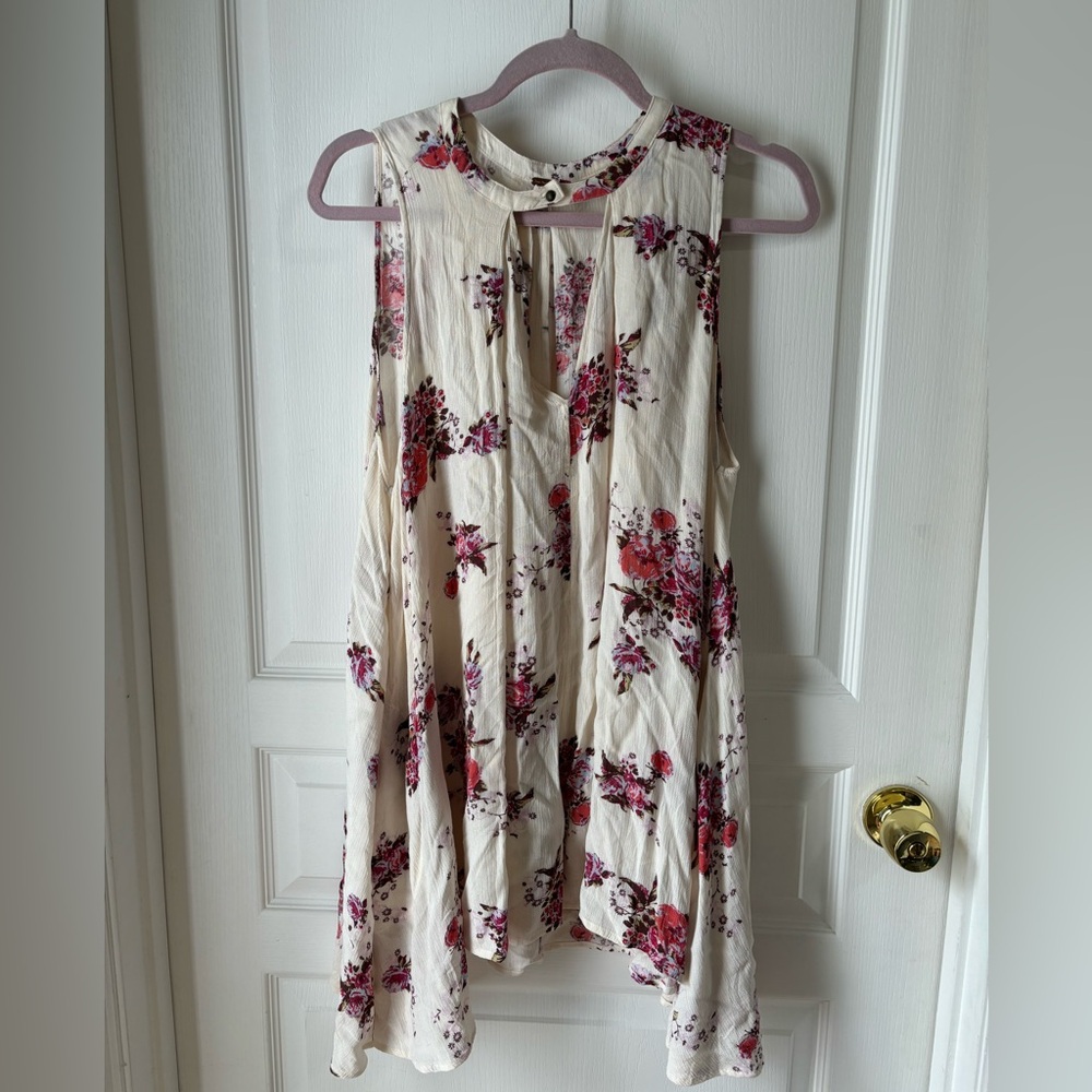 Free People Tree Swing Cream Pink Floral Mini Dress Tunic With Pockets Size S/M